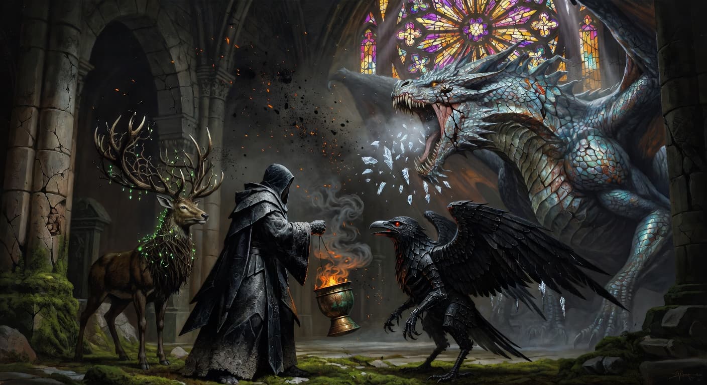 A bramble-antlered stag, a cowled censer-bearer, and a raven tomb-warden holding the line against an elder wyrm.
