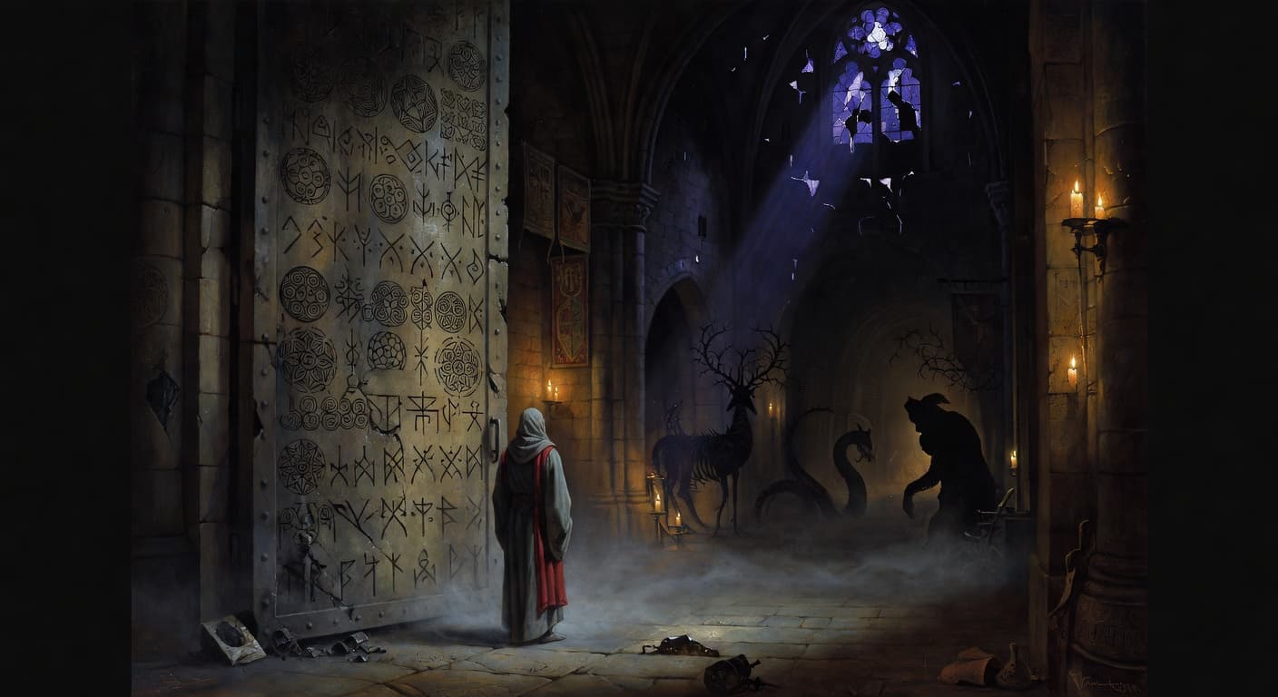 A robed figure at the threshold of an arcane crypt, creatures emerging from shadow.