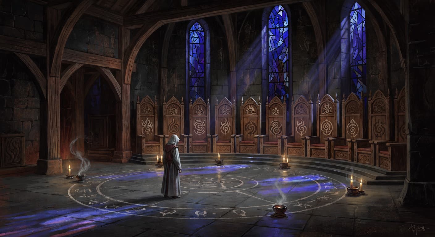 A vast cathedral chamber with empty oak thrones bearing carved elemental sigils, a single hooded apprentice standing in a faded ritual circle in the foreground.