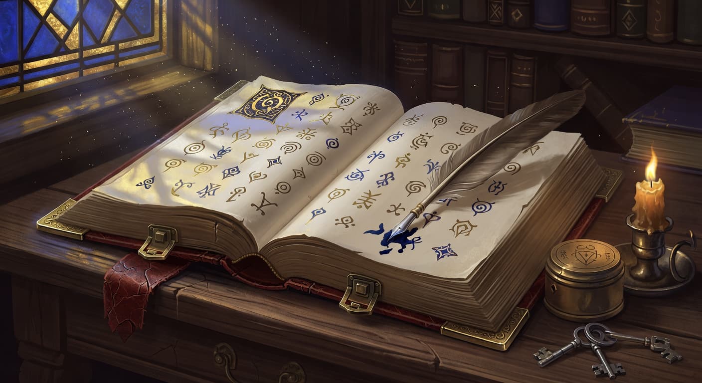 An open codex on a candle-lit scriptorium desk, brass clasps unfastened, a quill bleeding indigo ink onto the parchment.