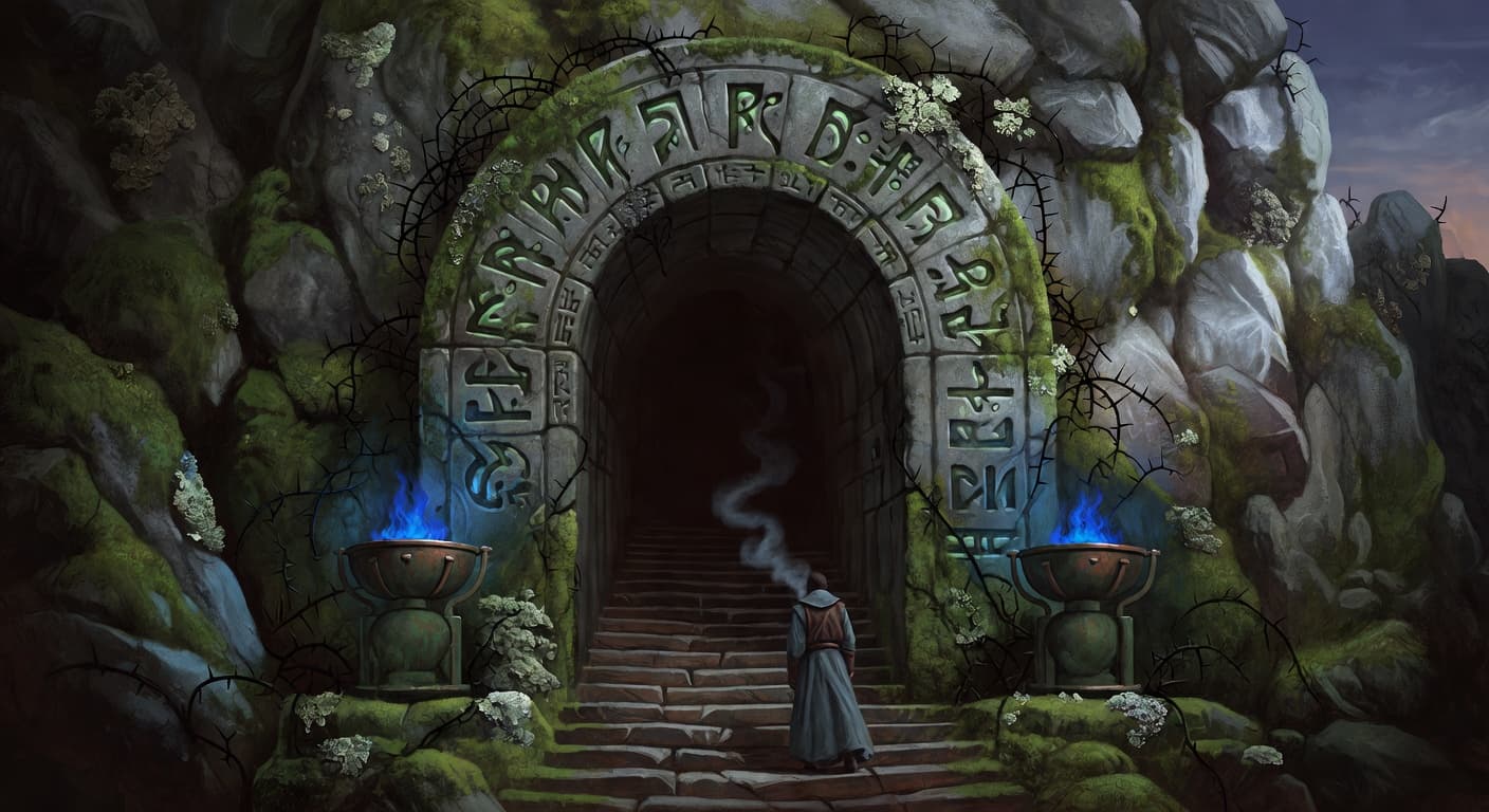 A colossal moss-grown stone gateway carved with luminous green sigils, twin cobalt brazier-fires flanking it, an apprentice silhouetted at the top of stone steps descending into the dark.