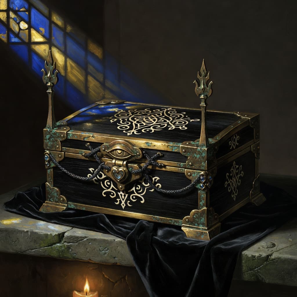 A Master Cache · an ornate ancient reliquary-coffer with bone marquetry and gilded bronze, wax-sealed.