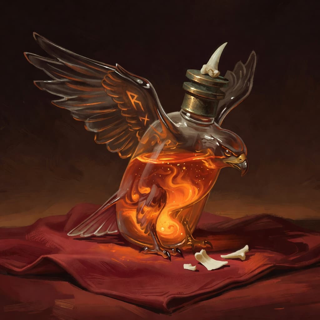 The Elixir of the Hunt · a hawk-shaped hand-blown glass vial filled with molten orange fluid.